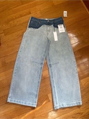 Frayed Jeans Baggy Barrel Mixed Wash Low Slung Two Tone Wide Leg Denim Sz 29 NWT